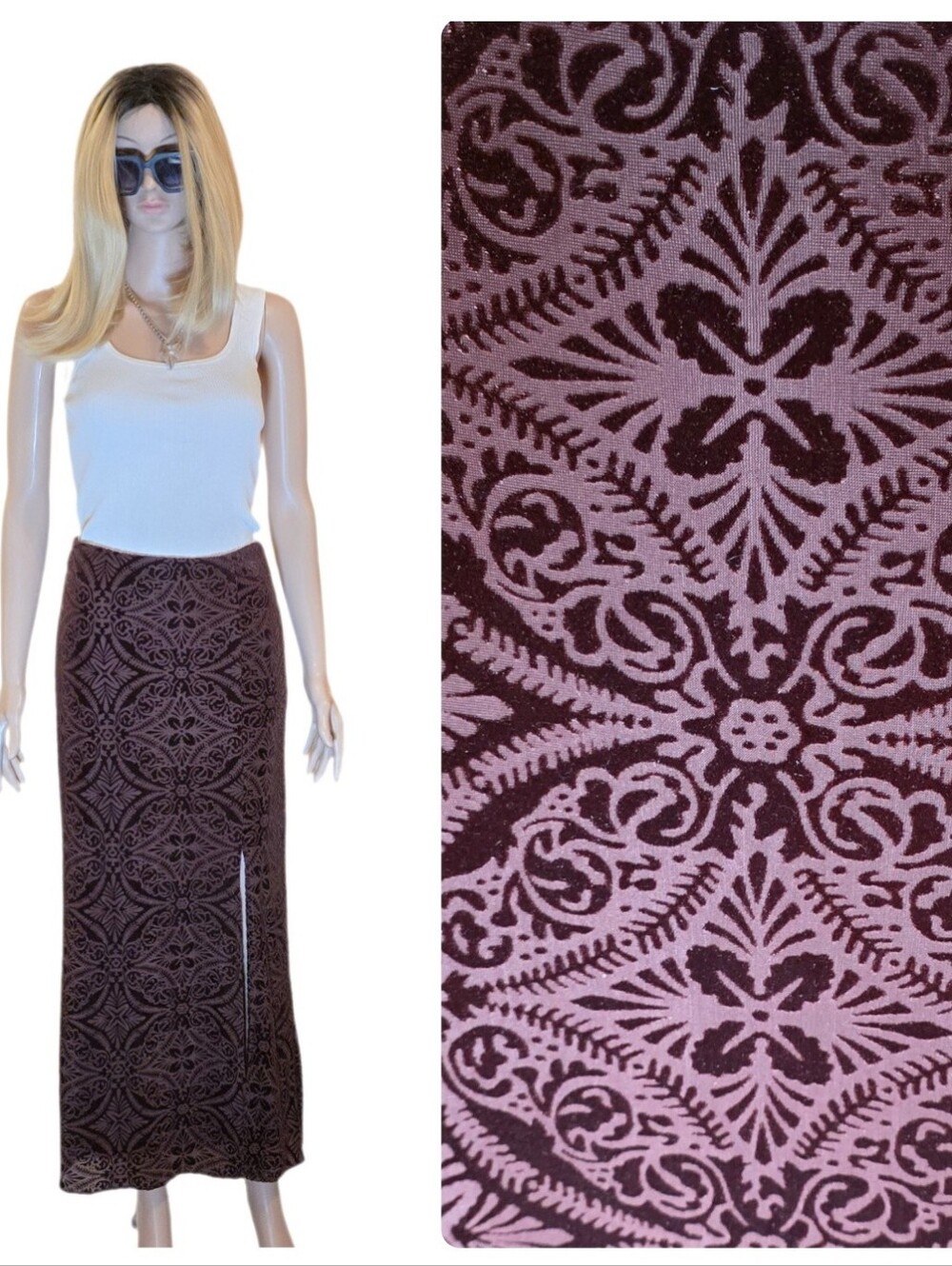 NWT By Anthropologie Velvet Midi Skirt Burnout Damask Brown Slit XS